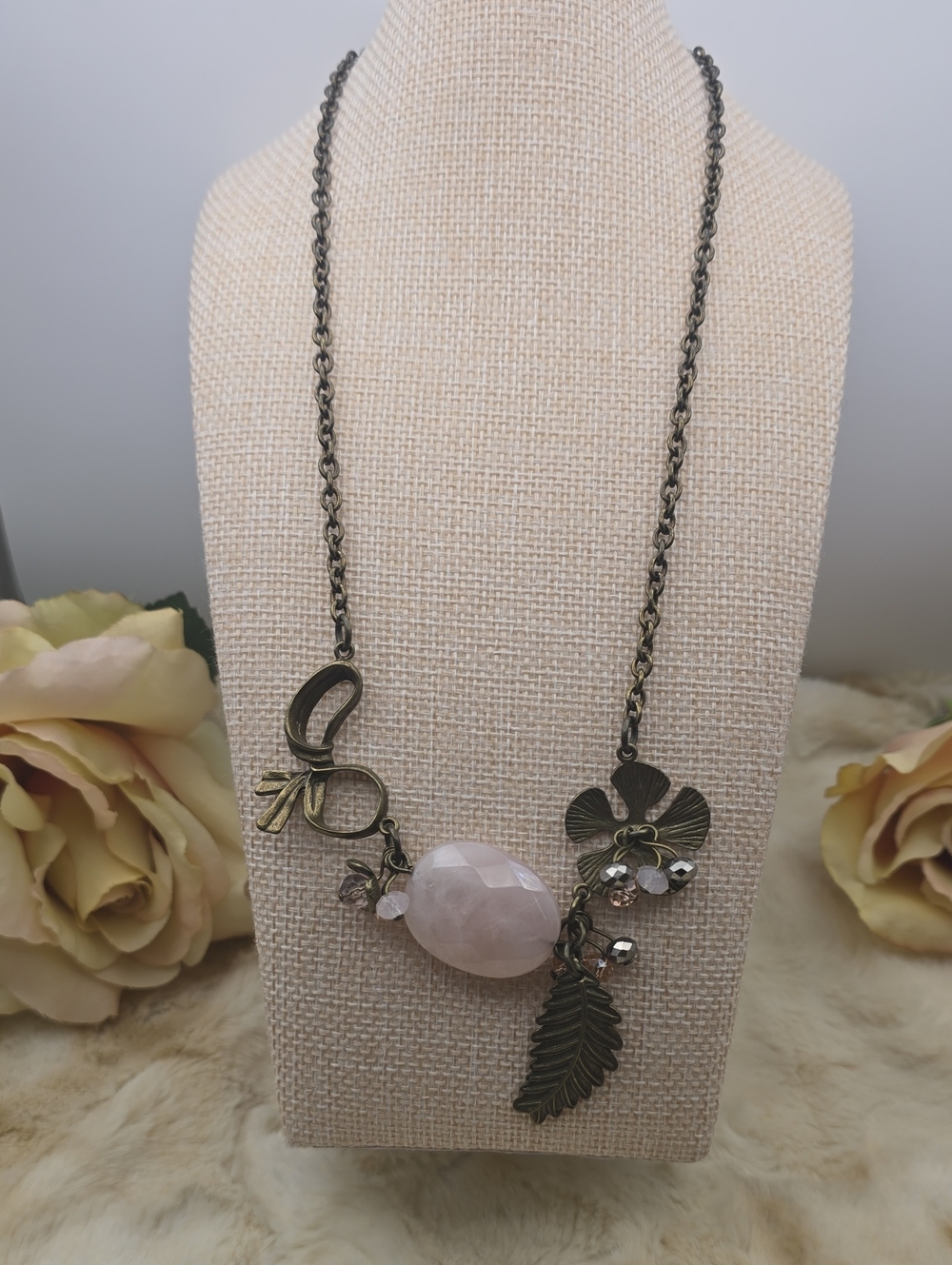 Park Lane "Chloe" Rose Quartz Crystal Charm Necklace Antiqued Gold-tone Boho Vtg